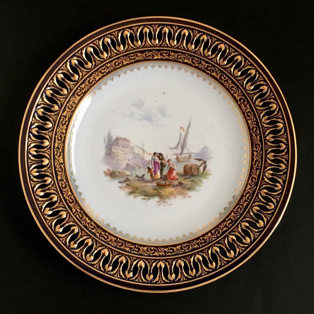 古マイセン 金彩 オランダ港湾風景 コバルト地 透かし絵皿 直径 23.5cm