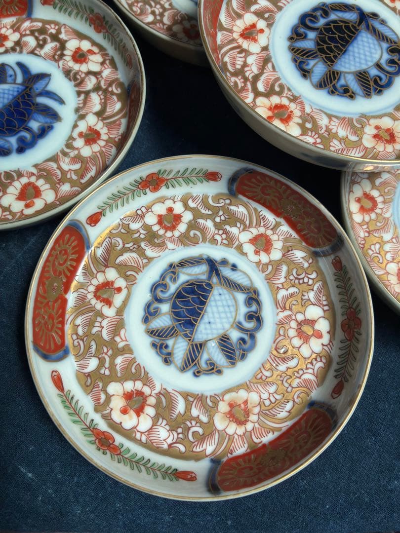 古伊万里　金彩色絵花文様　小皿　5枚　傷無し　明治　直径12.3センチ　取り皿