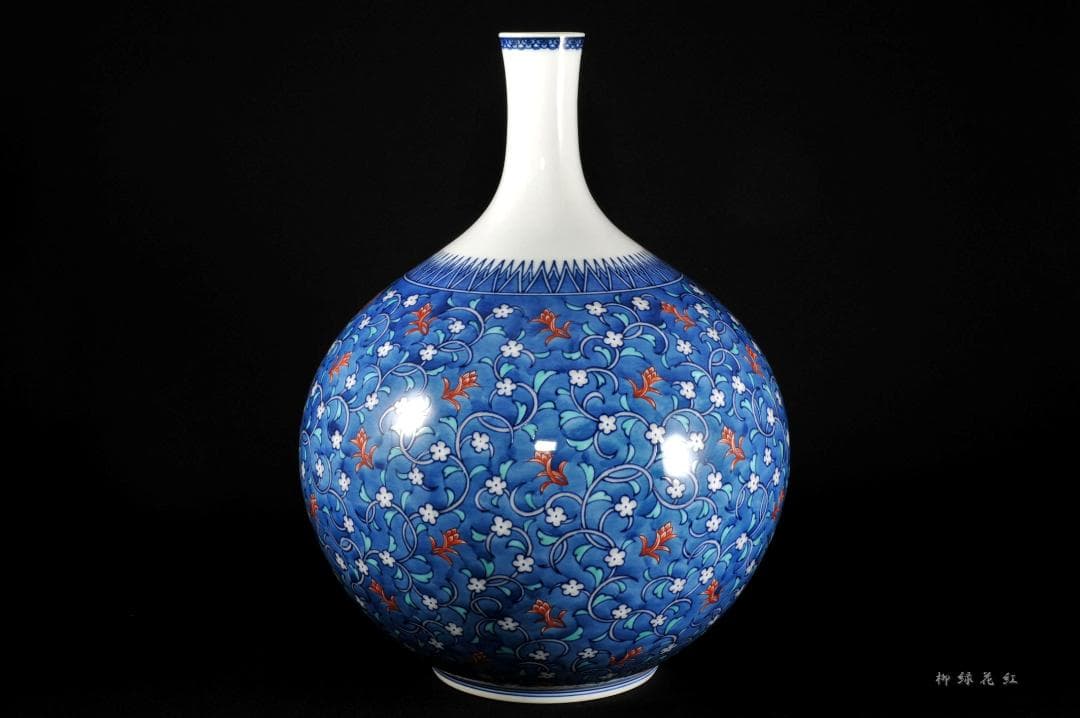 十三代 今泉今右衛門 色鍋島草花更紗文 花瓶 共箱 人間国宝 本人作