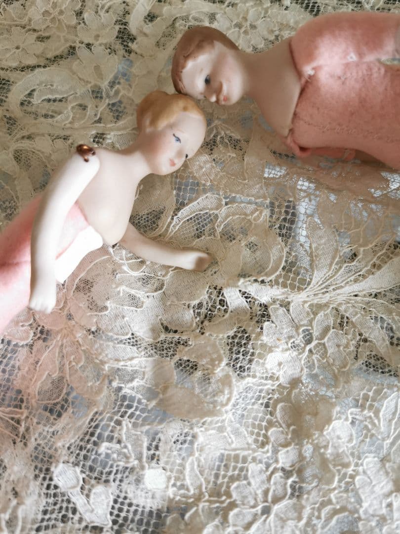 アンティーク チャイナヘッドドール ふっくらピンクフェルト ペア 夫婦 カップル