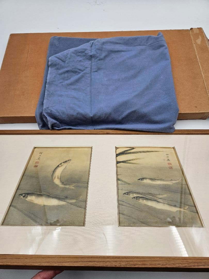 小泉斐 真筆 江戸後期 下野国黒羽藩御用絵師 絹本淡彩「鮎図」 岡村多聞堂額装