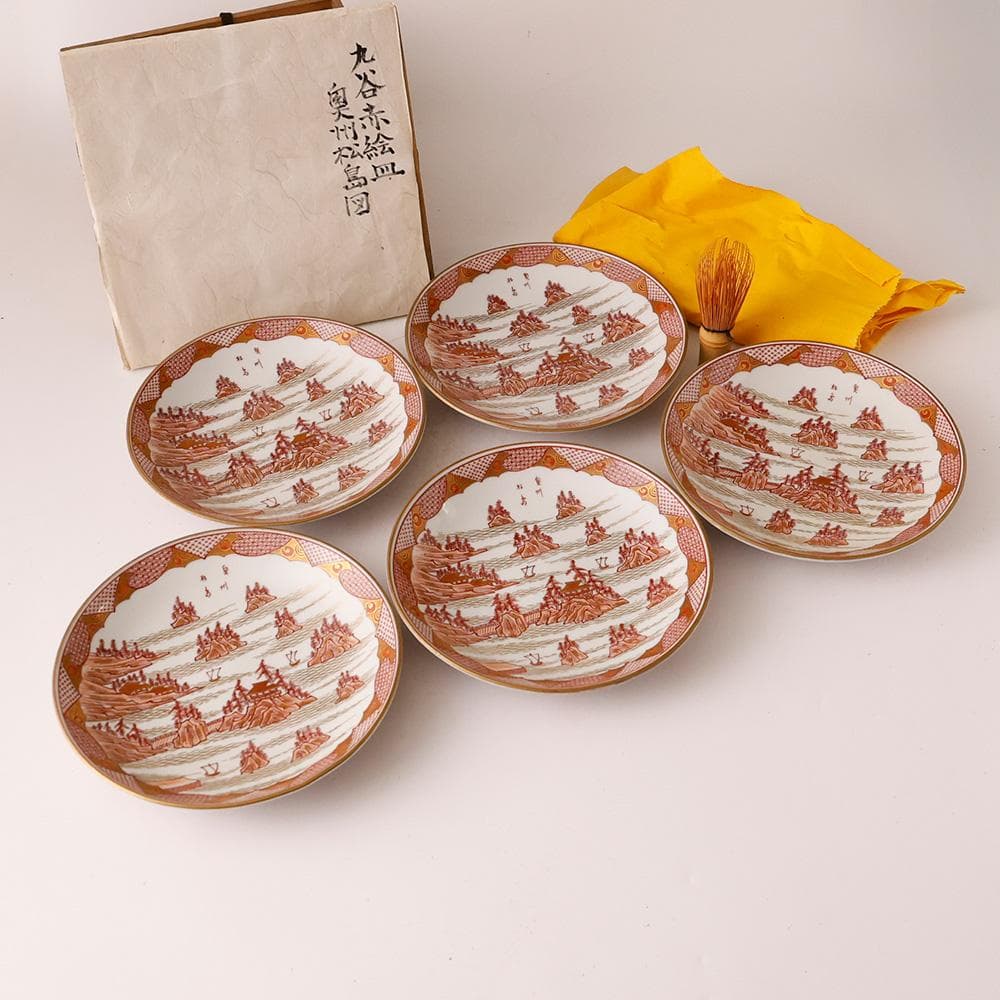 九谷焼 松鶴堂 金彩赤絵皿 五客 奥州松島図 五客 小紋画 木箱