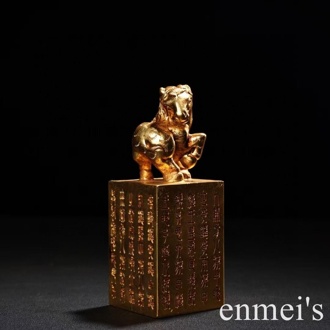 中国古美術・旧蔵鍛金鎏金の馬印鑑・純銅细密彫・高浮彫・置物・書道具・文房具・風水