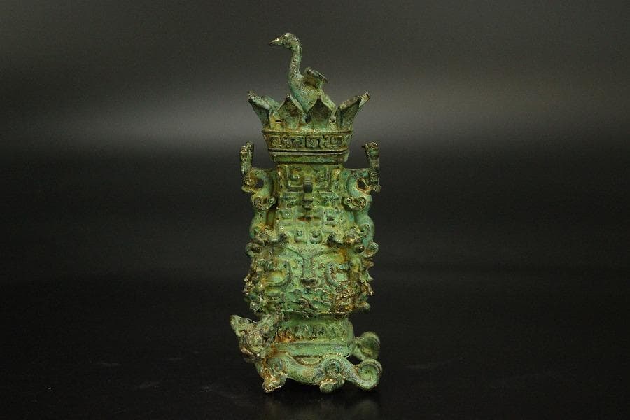 中国美術 青銅 豆 蓋瓶 高9.6cm(HA521)