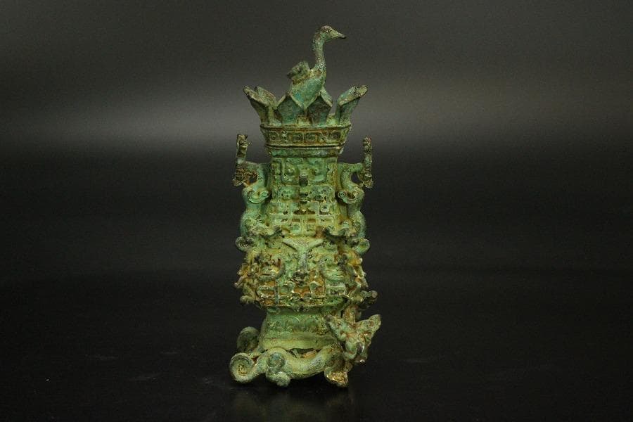 中国美術 青銅 豆 蓋瓶 高9.6cm(HA521)