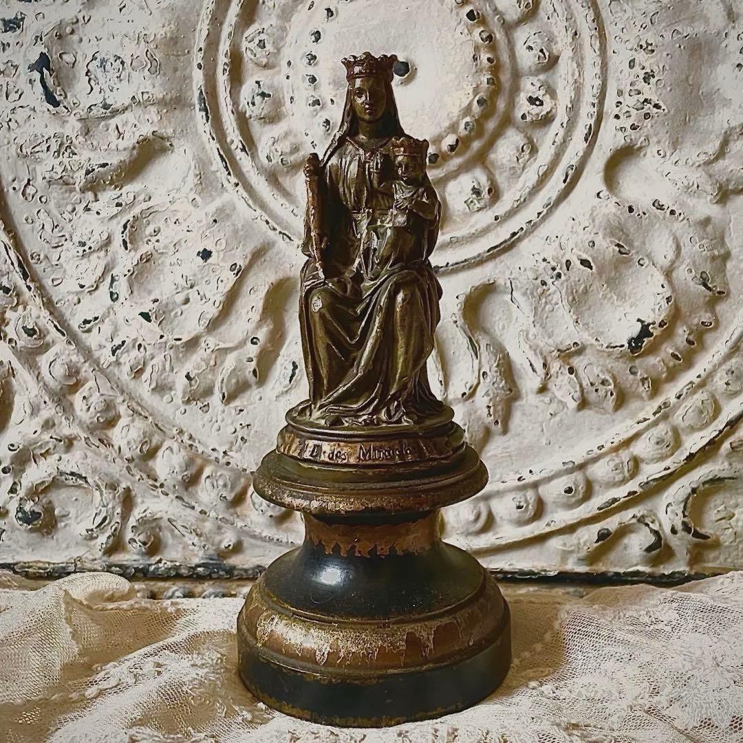 アンティーク♪聖母子像♪マリア像♪木製台座