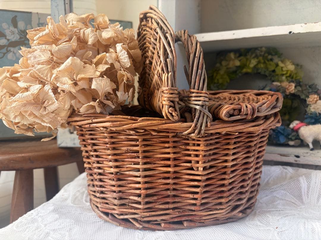フランスアンティーク パニエ 木製 バスケット 藤 かご 籠 ボックス 蚤の市