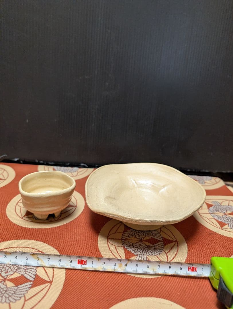 備前焼陶器製茶碗と皿セット印あり、時代物