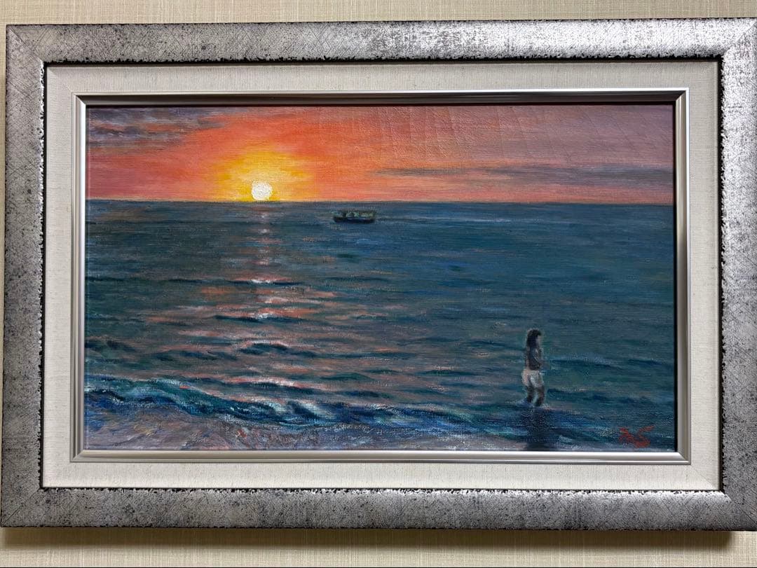 油彩原画　夕日の海・ハワイ　M８号　額装品