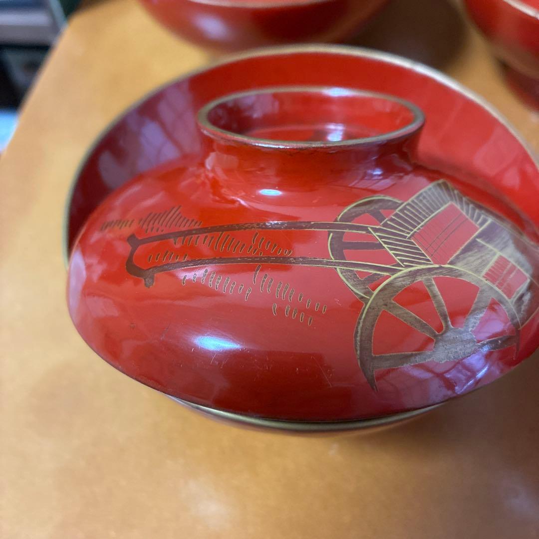 漆器　金絵　朱　蓋付椀　10客　共箱 骨董品