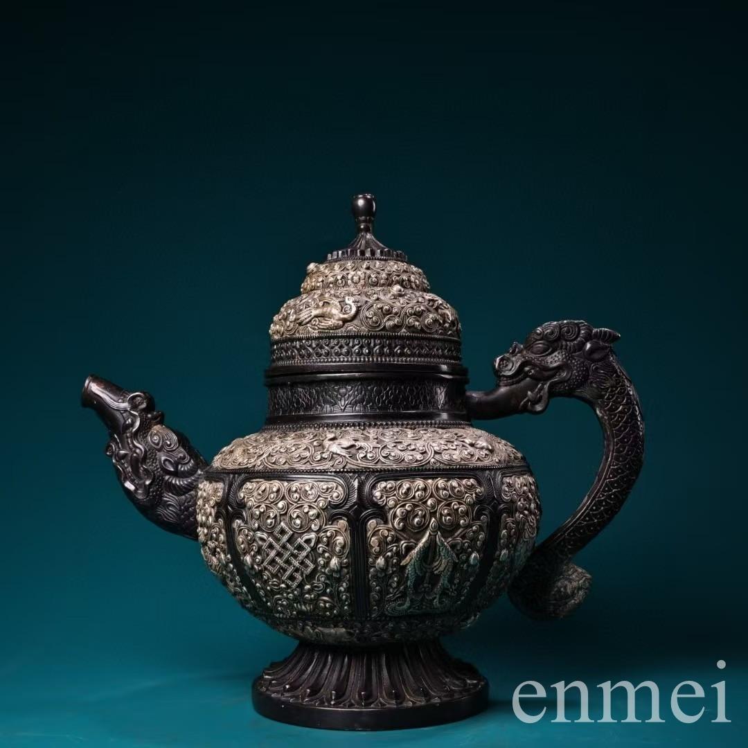 中国古美術・チベット収蔵・純銅鍍銀「吉祥八宝」バター茶壺・純手作り・急須・茶壺