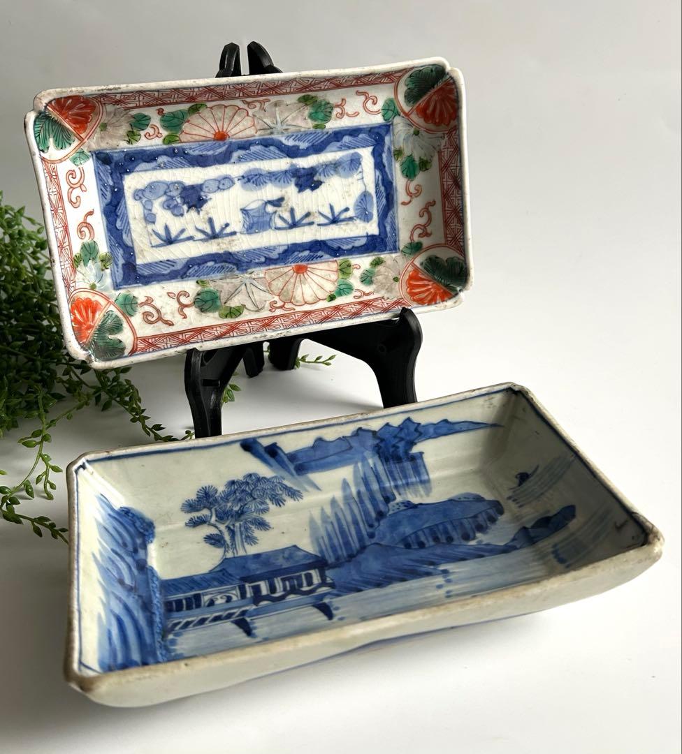 古伊万里　風景 色絵　染錦　角皿 2枚セット