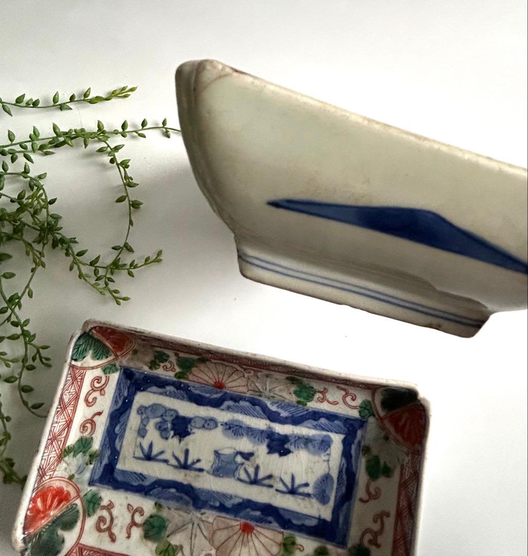 古伊万里　風景 色絵　染錦　角皿 2枚セット