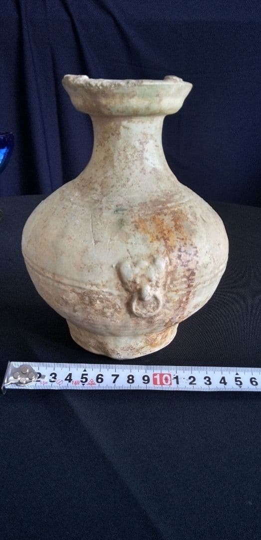 中国古陶器製瓶型 、緑釉双耳、緑釉銀化 高さ約20cm