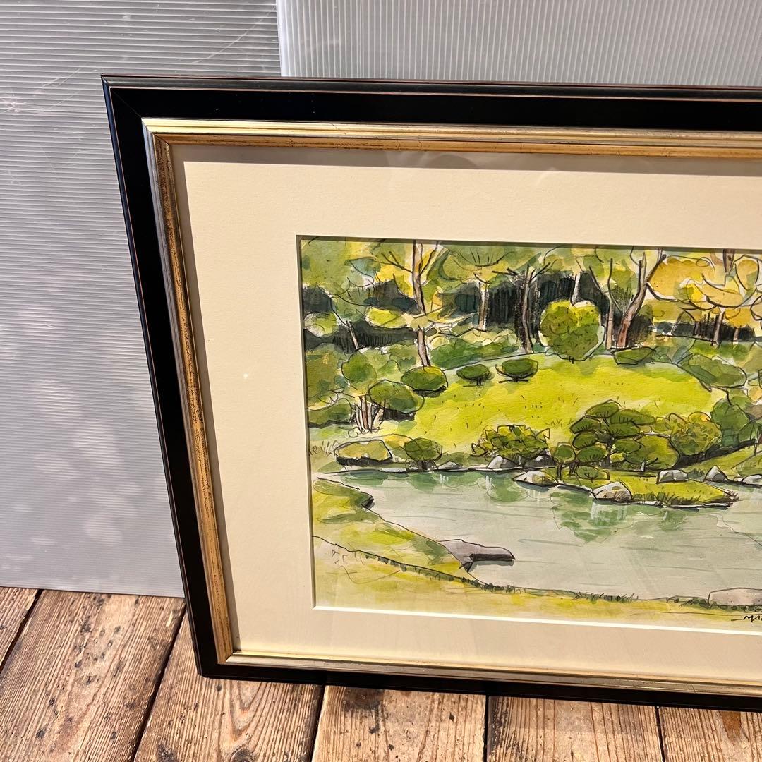 透明水彩画　日本庭園　MARUO 額縁入り　緑　園庭　インテリア　希少