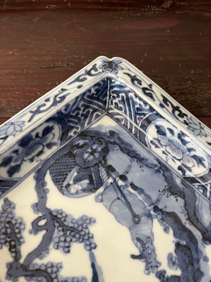 希少　中国古美術明時代　天啓古染付　牛車翁　紗綾紋　隅切角皿　古伊万里　清朝期