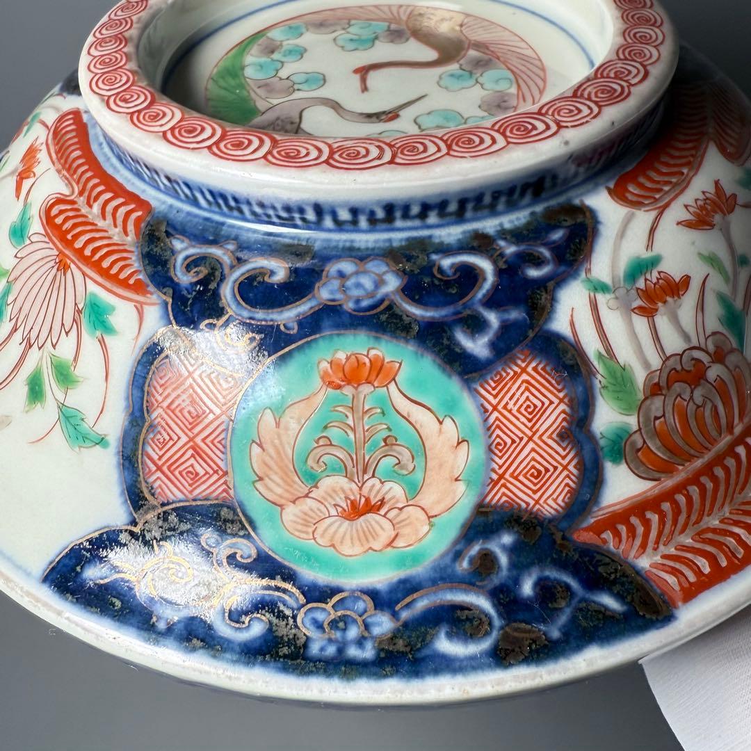 1800年代　江戸期　古伊万里　染錦鶴文様蓋付鉢　大聖寺伊万里　七宝文