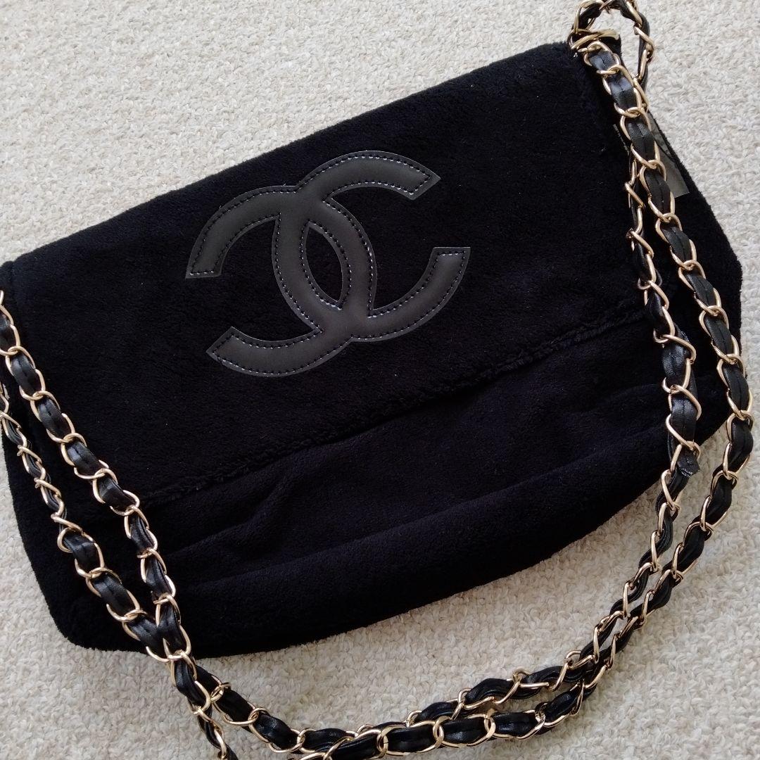 CHANEL パイル地 ショルダーバッグ チェーンベルト ブラック ノベルティ