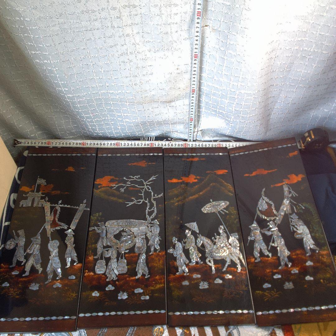 骨董４手彫り漆器 伝統的農村風景 4枚セット