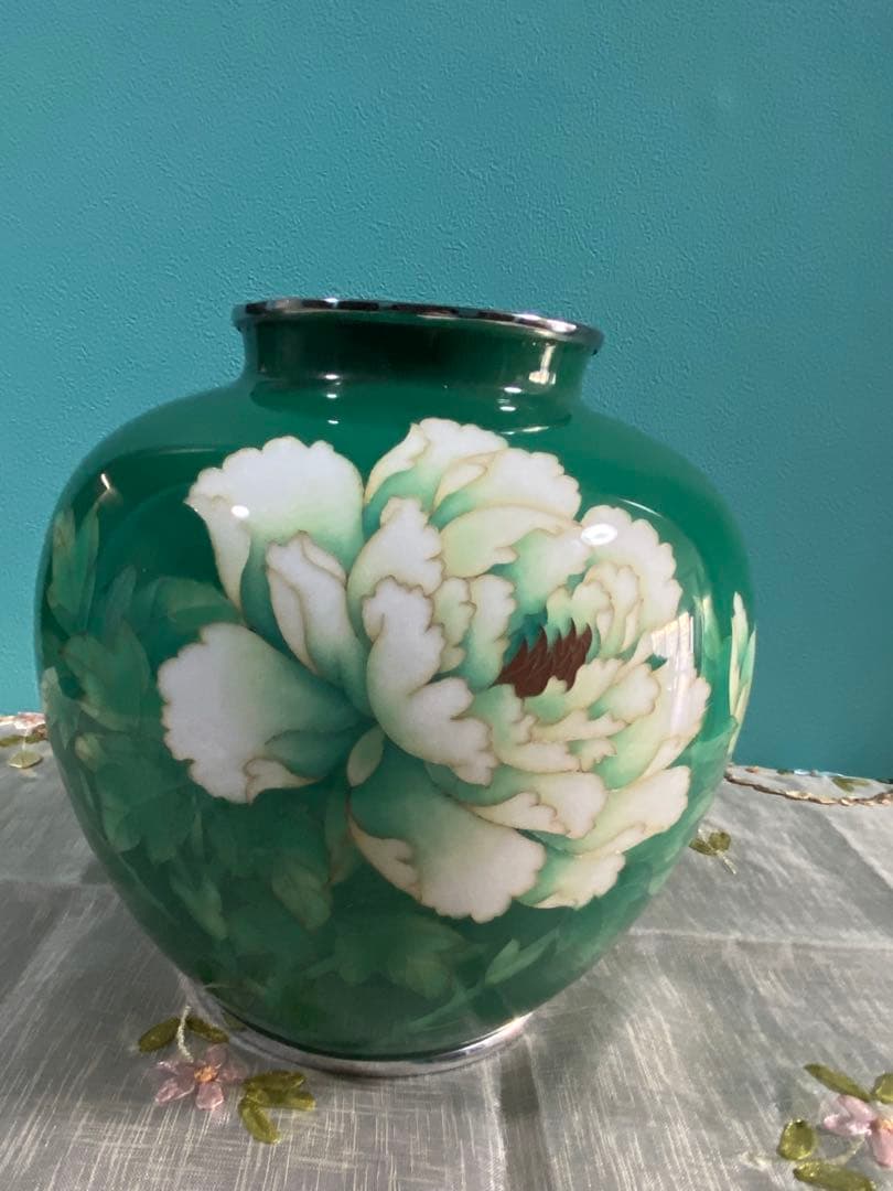 七宝焼花瓶　グリーン牡丹　20cm
