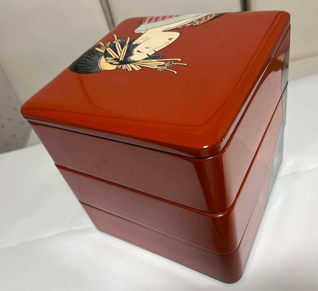 会津塗 木製三段重 朱漆 浮世絵 手書 蒔絵 うるし絵・会津絵　珍品