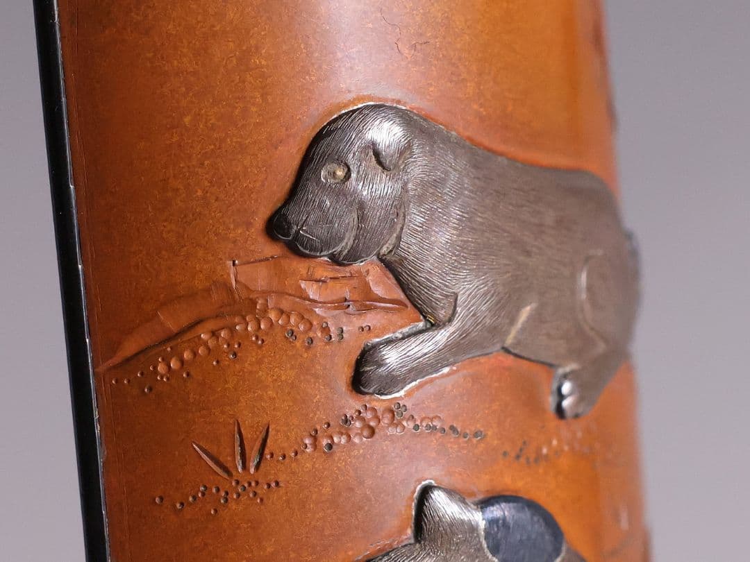 【MB20】煎茶道具 杉本儀助(作) 素銅内銀張 高肉象嵌 仔犬 茶合 金工