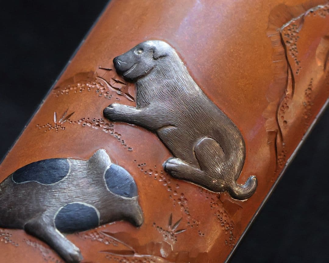 【MB20】煎茶道具 杉本儀助(作) 素銅内銀張 高肉象嵌 仔犬 茶合 金工