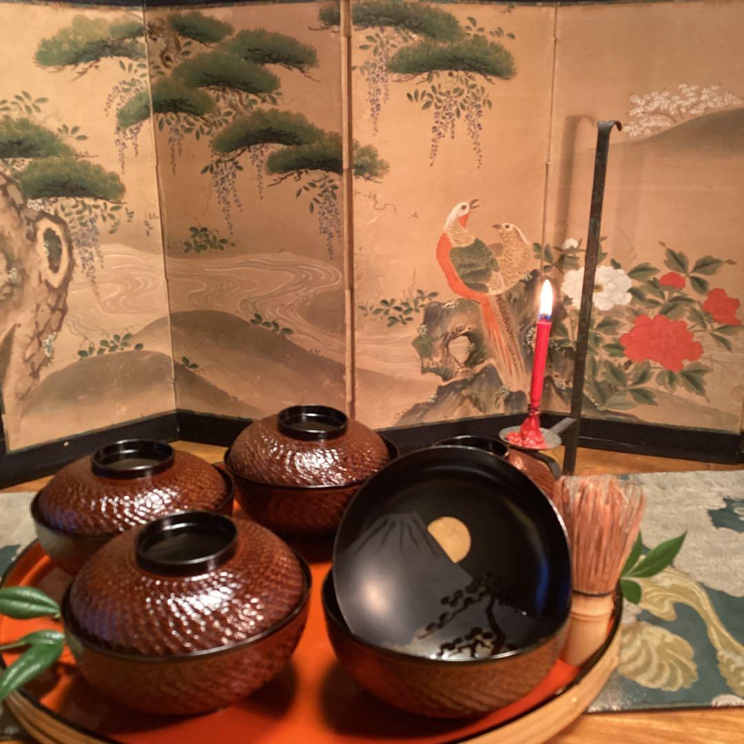 A1029 木製輪島塗　富士月　闇蒔絵　流水に亀蒔絵　吸い物庵5客