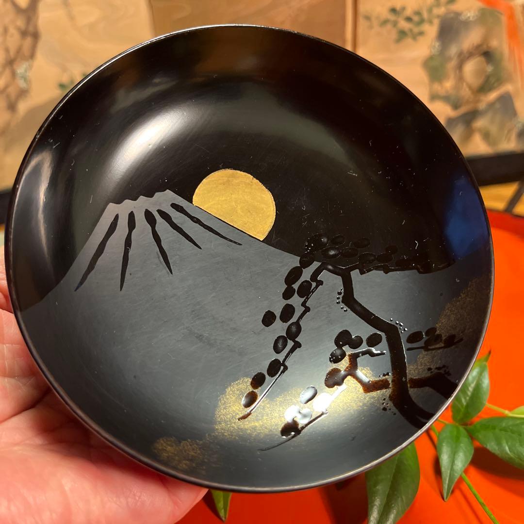 A1029 木製輪島塗　富士月　闇蒔絵　流水に亀蒔絵　吸い物庵5客