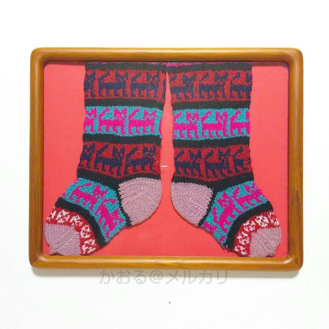 アンティーク 北欧インテリア 額入り猫の柄のニットソックス ノルディック柄