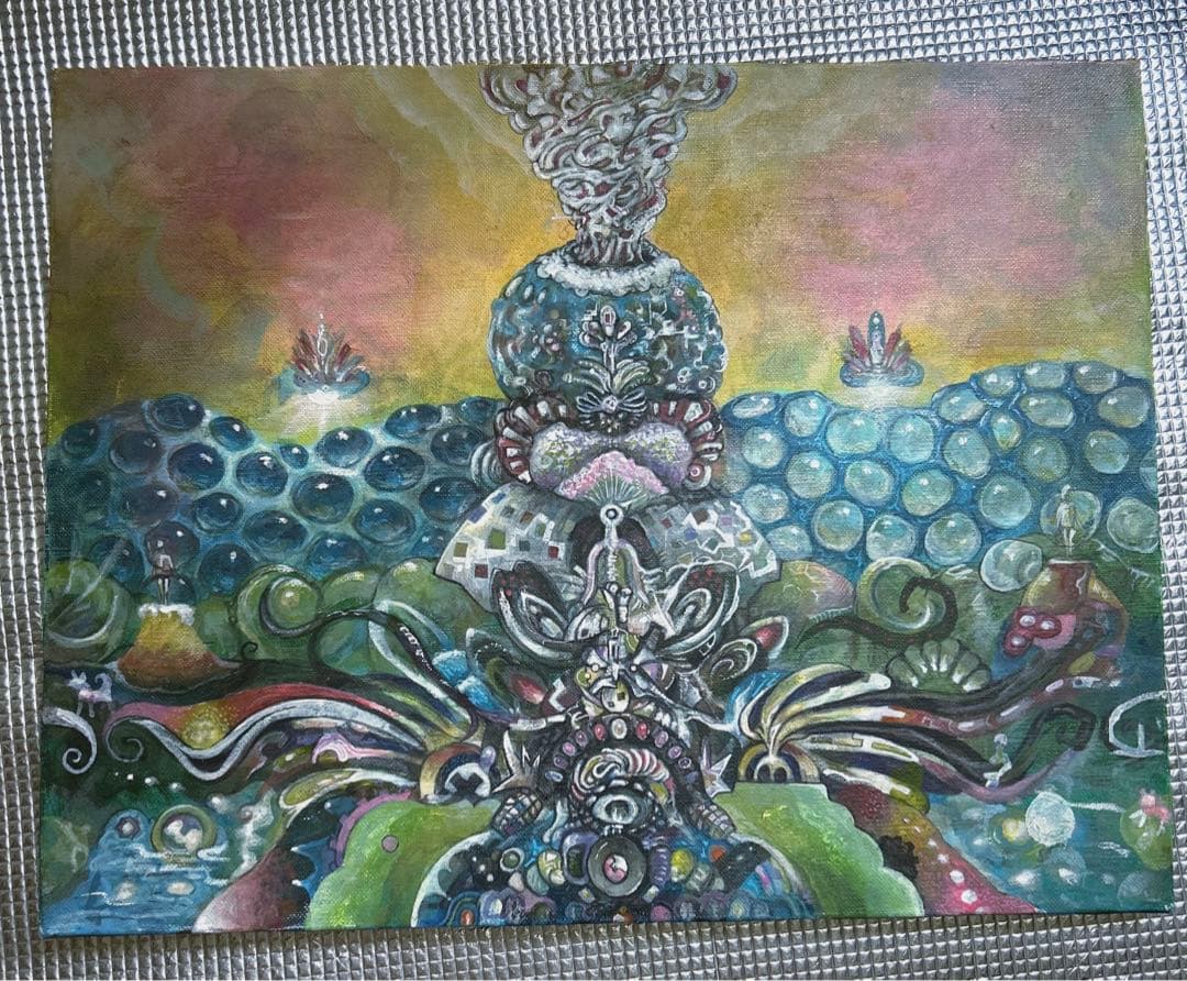 クジャクと地球　アクリル画　絵画