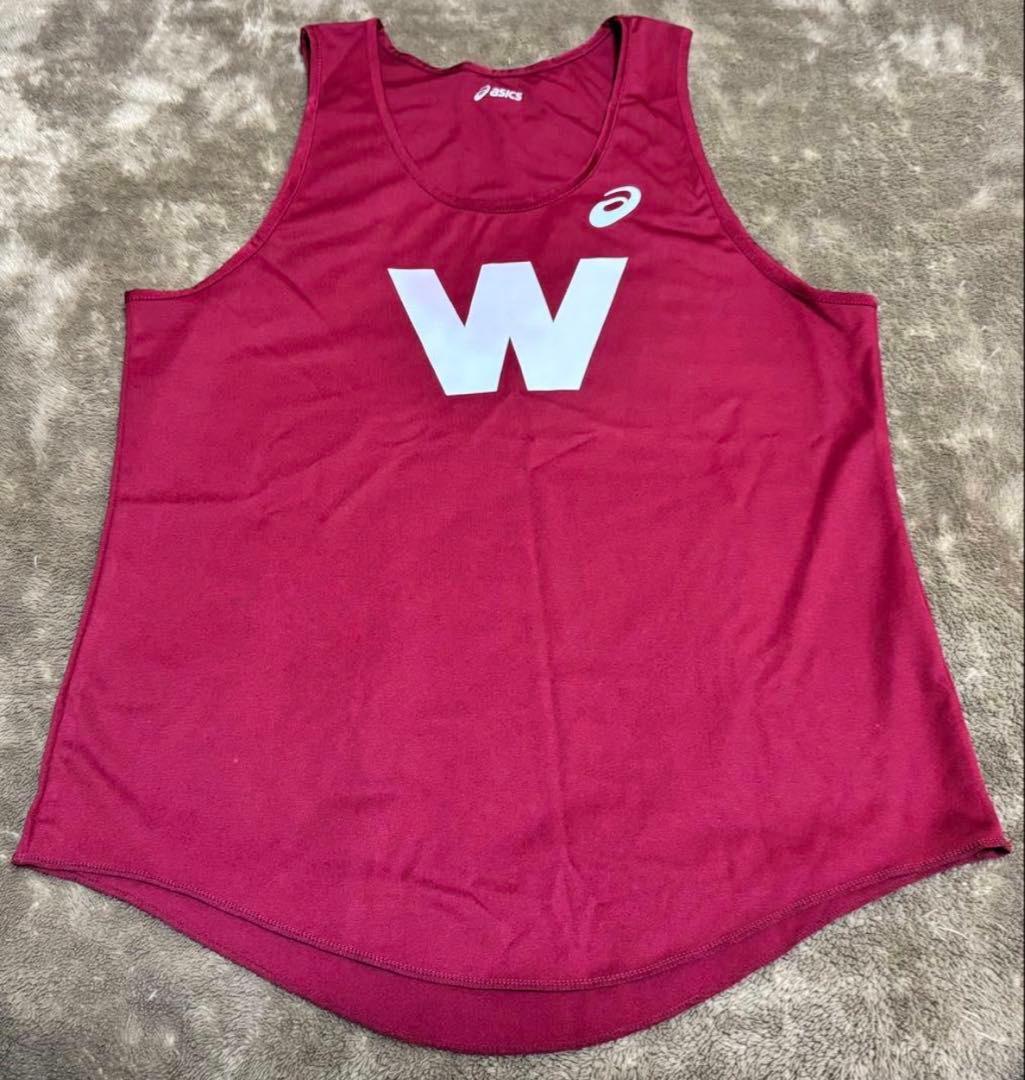 ASICS 赤 Wロゴ タンクトップ 早稲田大学