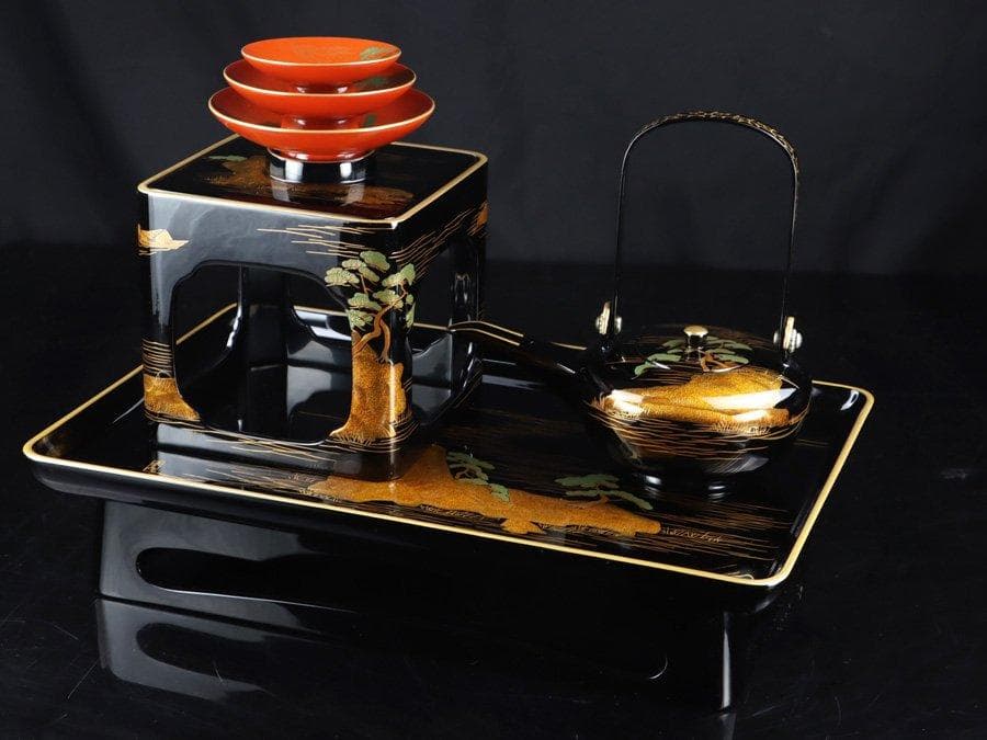 専用Y2280 輪島塗蒔絵師 北清右衛門 山水彩色色絵蒔絵 御屠蘇一式 共箱