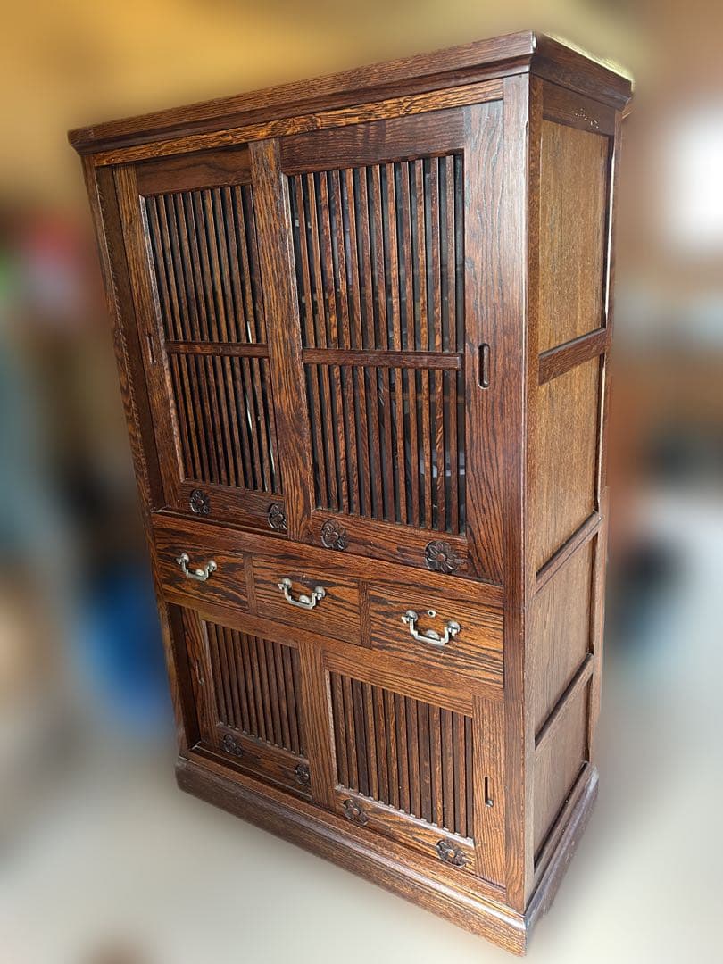 和風木製タンス 3段引き出し付き　茶箪笥　鍵付き