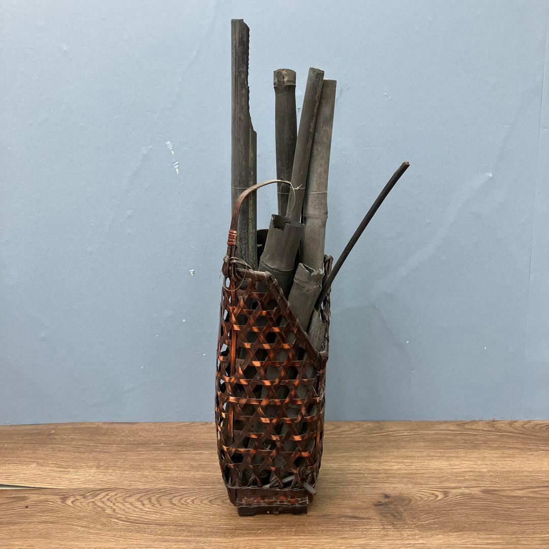 4F 趣のある逸品 竹籠 花籠 花器 竹炭 古竹 セット 囲炉裏演出 インテリア