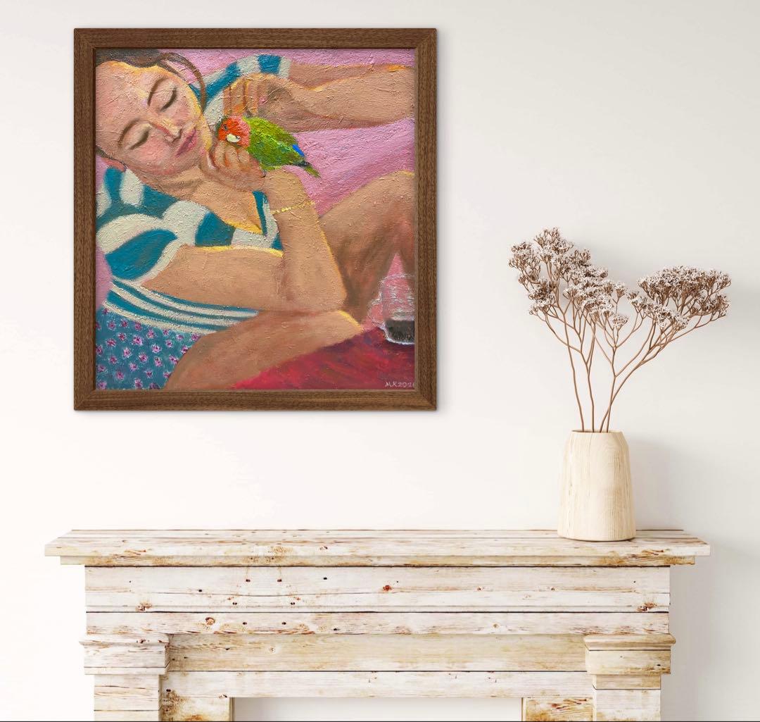 インコと女性 F20 現代アート 油彩画 絵画 人物画