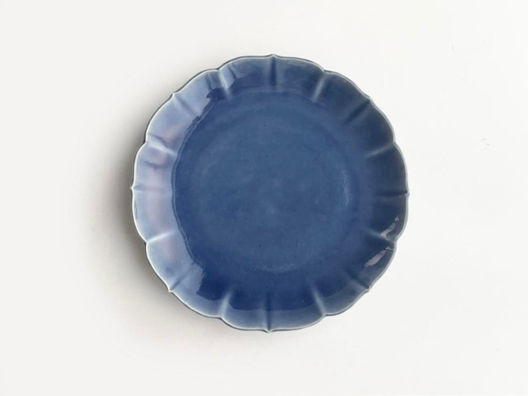骨董　アンティーク　古伊万里　瑠璃　輪花皿　七寸皿　瑠璃釉　輪花縁