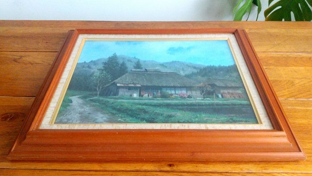 金子東日和　『春閑・針生（南会津』額絵 箱有　59.5×47cm　木製&ガラス