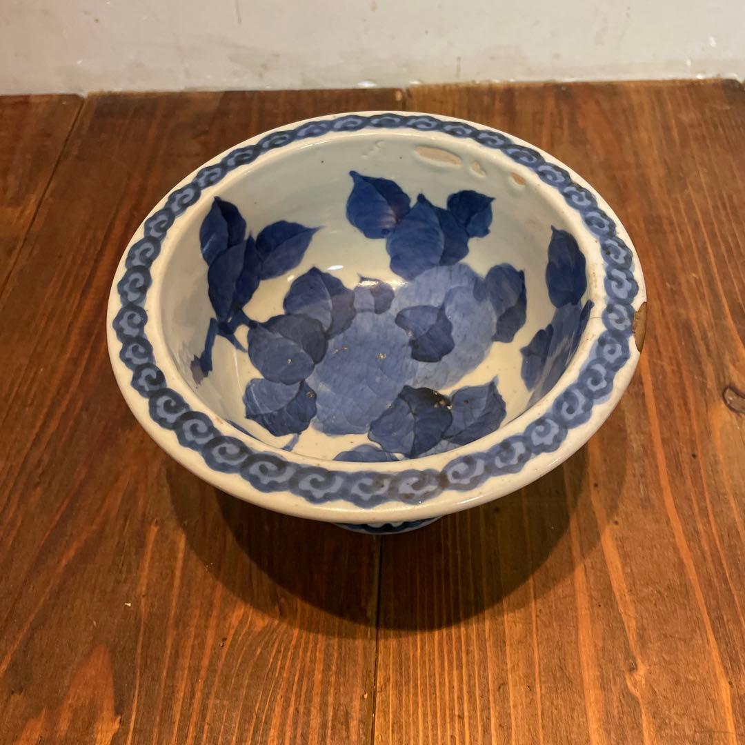 美品　古伊万里　染付の器　江戸時代　肥前　磁器　高杯　金継ぎ　染付の絵柄が上品な