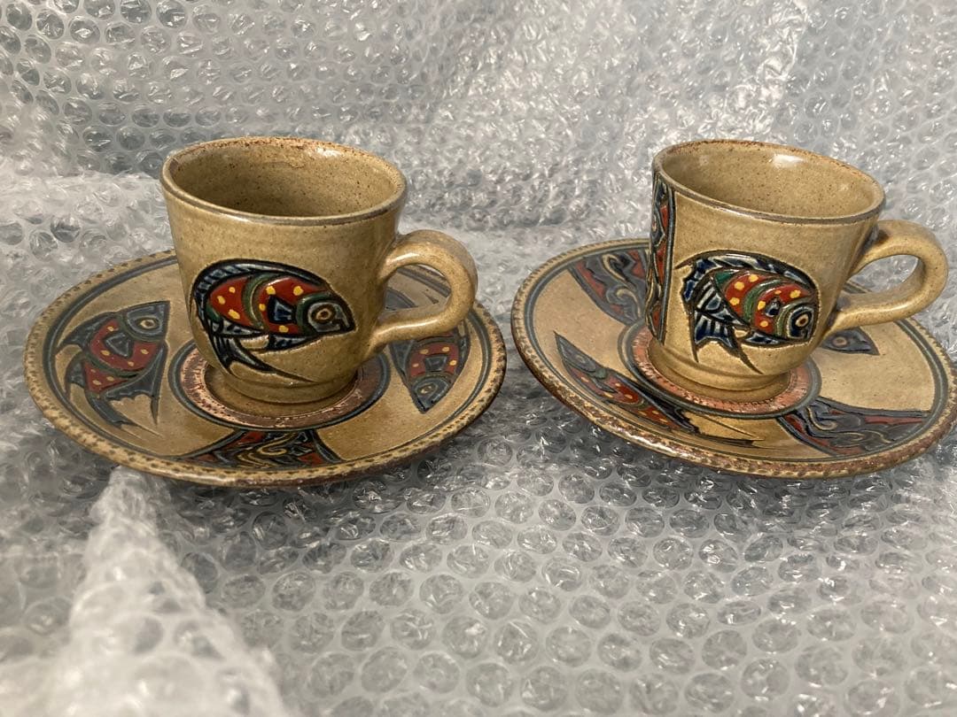 やちむん　希少　魚紋清次カップ&ソーサー