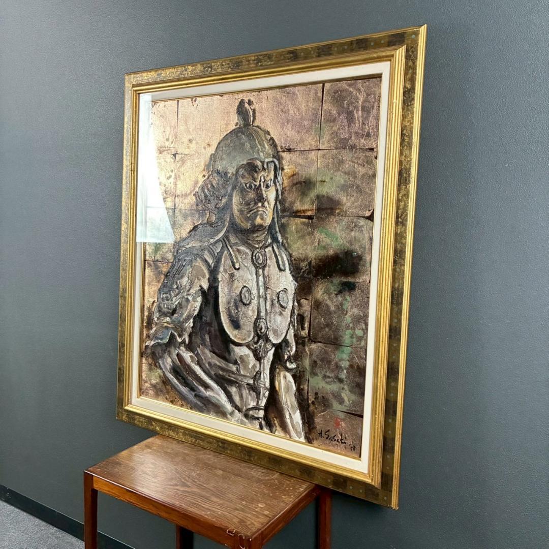 美品 佐々木英夫「持国天 立像 戎壇堂」油彩 大作 1988年作 銀箔仕様 仏像