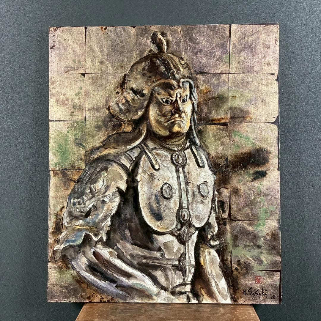 美品 佐々木英夫「持国天 立像 戎壇堂」油彩 大作 1988年作 銀箔仕様 仏像
