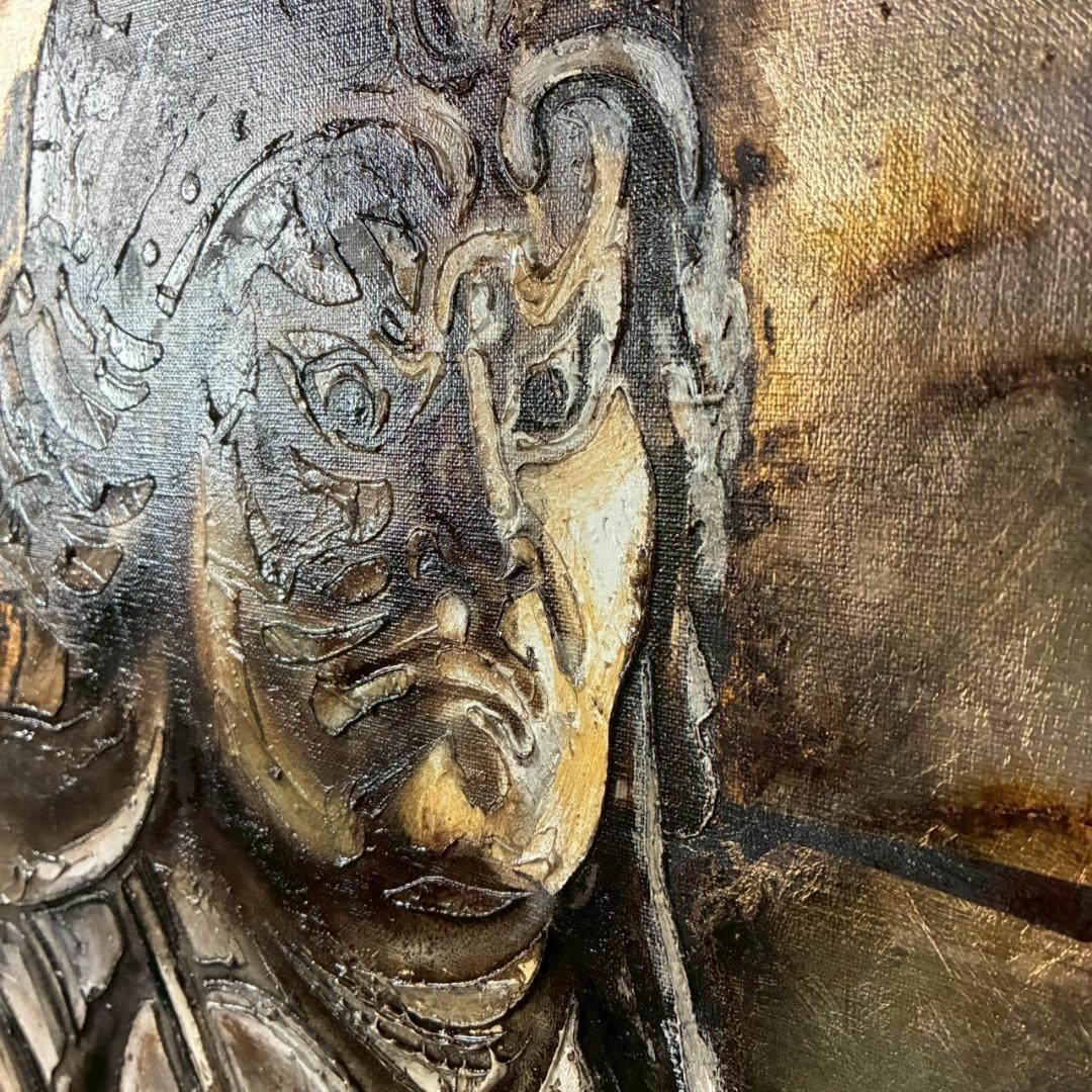 美品 佐々木英夫「持国天 立像 戎壇堂」油彩 大作 1988年作 銀箔仕様 仏像