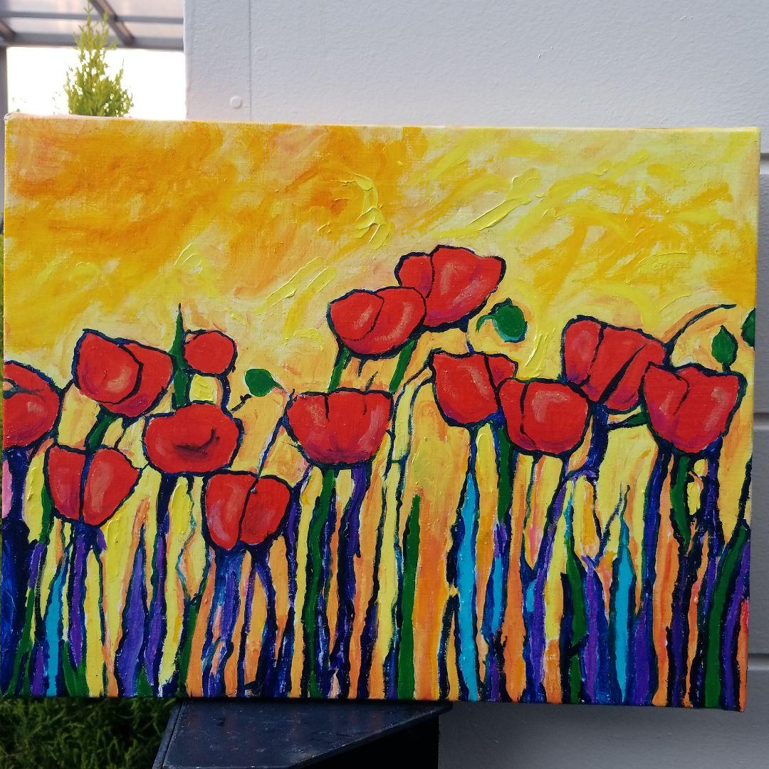 油絵　専用　春を告げる夕焼けのポピー