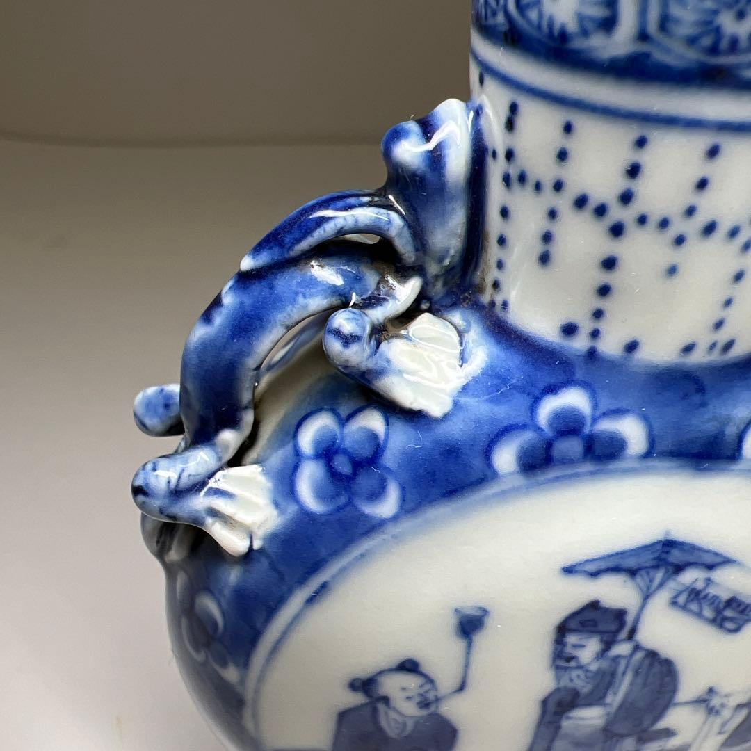 中国清時代　康熙年製　青花龍耳花入　木箱付　高約13.5㎝東Y7-1226☆2F