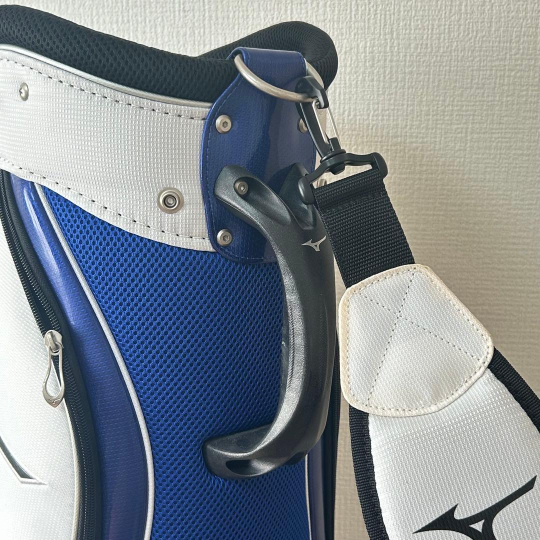 ミズノ キャディバッグ 白×青 タグ付き 未使用品 フード付 一部汚れ有