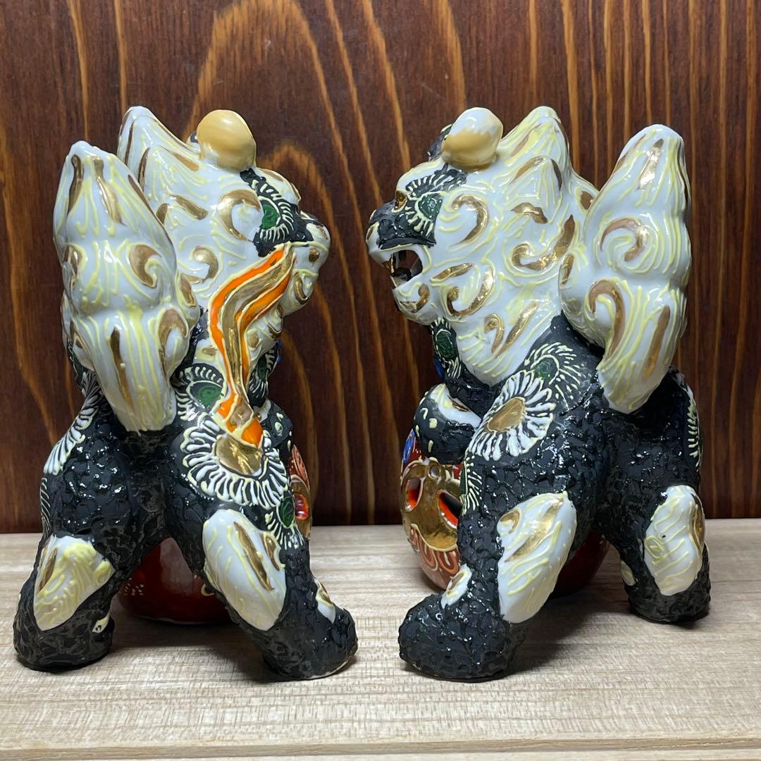 【願いが叶う】【魔除け 守護】【 九谷焼】唐獅子4.5号 黒色 シーサー 狮子