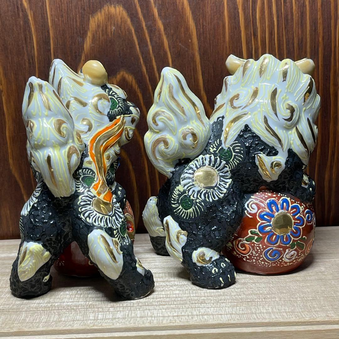 【願いが叶う】【魔除け 守護】【 九谷焼】唐獅子4.5号 黒色 シーサー 狮子