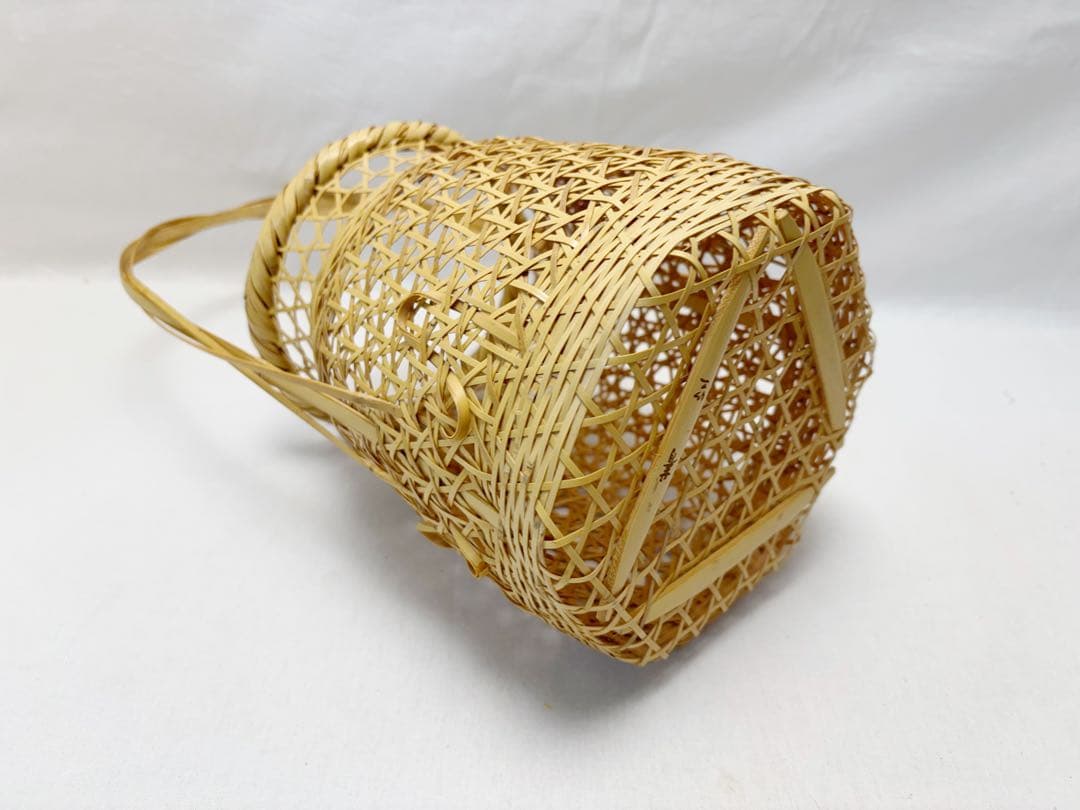 未使用 華道具 竹 和田菁竺作 三友籠 淡々斎好写 花籠 刻印有 竹おとし 元箱