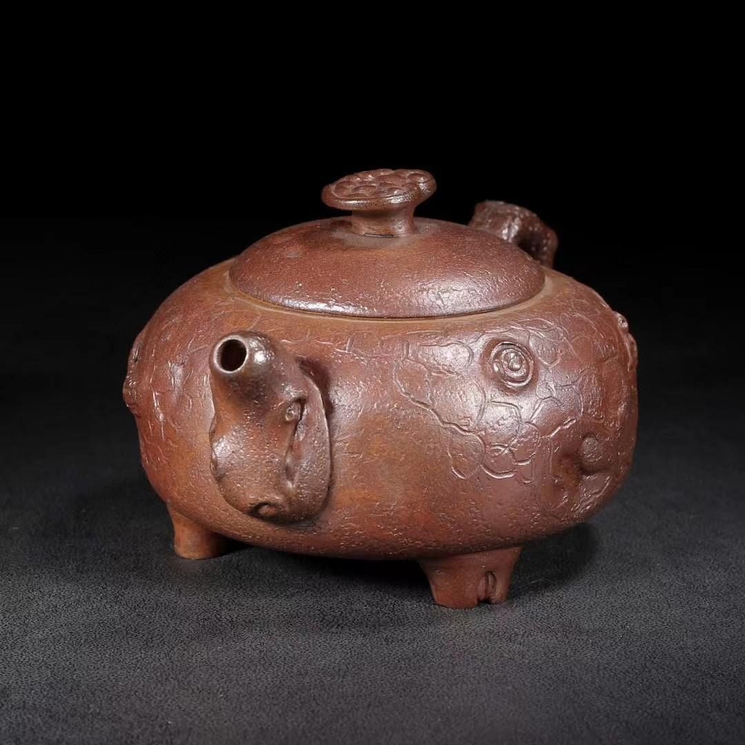 中国古美術・原礦底槽清・燕亭製陶紋・供春（高温窑变）紫砂壺・紫泥急須・茶壺・賞物